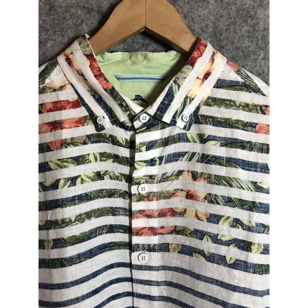 Tommy Bahama Shirt Mens Large Linen Stripe Floral Short Sleeve Beach Tropical